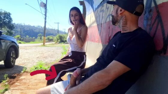 Risky masturbation with a stranger at a public bus stop!